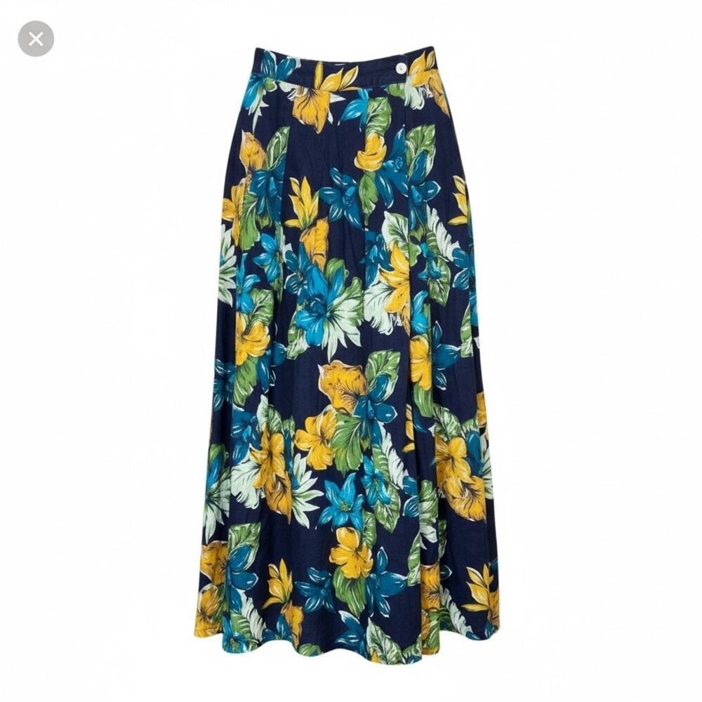 Vintage 90s British Khaki Blue Floral Midi Skirt Linen Cotton - UK 10 / US 6